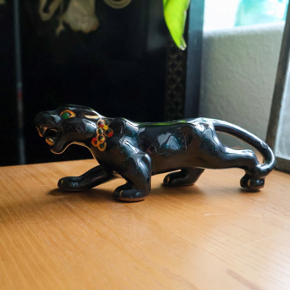 Vintage Black Ceramic Panther Figurine Jeweled Eyes Gold Necklace